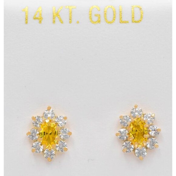 Created Yellow Topaz & W/Sapphire Stud Flower Earrings 14k Gold